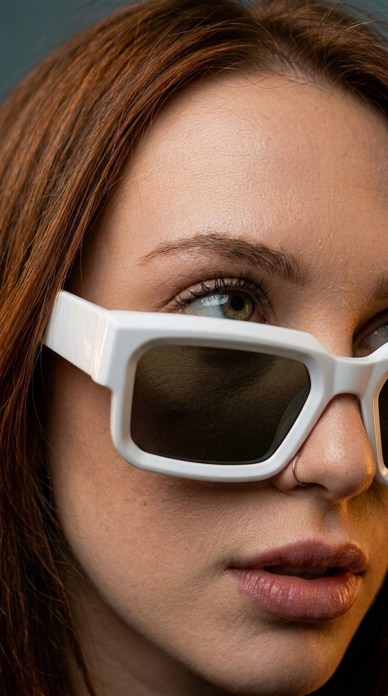 Close-up portrait focusing on eyes, glasses, nose and lips